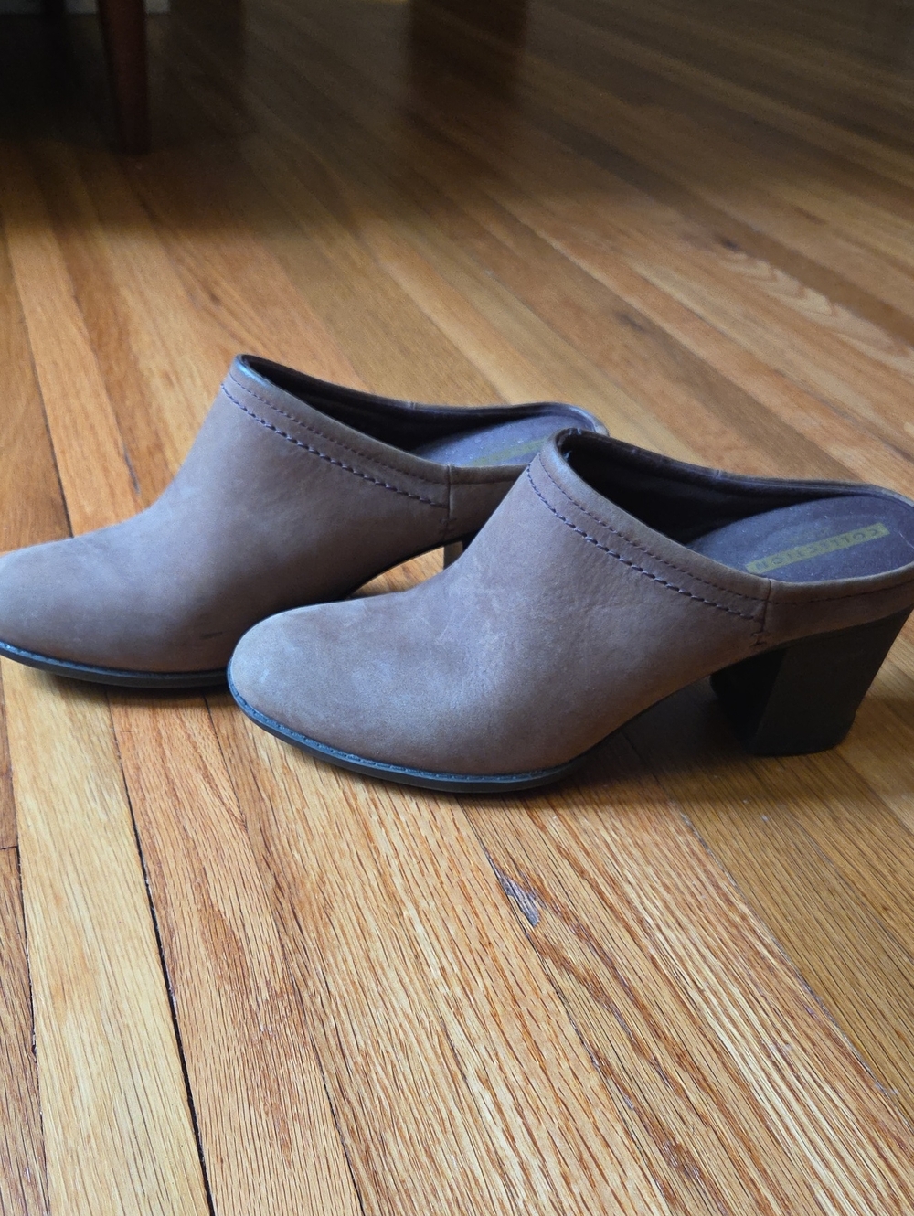 Clarks Taupe Slip-On Block Heel Mules